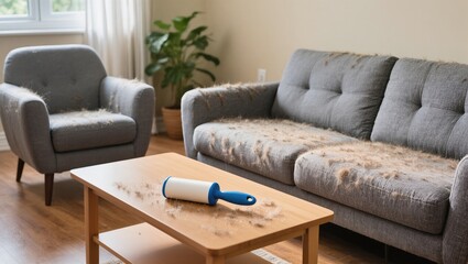 Plakat Pet Hair Covers Furniture in a Living Room With a Cozy Atmosphere and a Green Plant