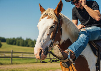 A man in western attire riding a pinto horse outdoors. Close-up on cowboy boot with spur in stirrup. Ranch lifestyle concept