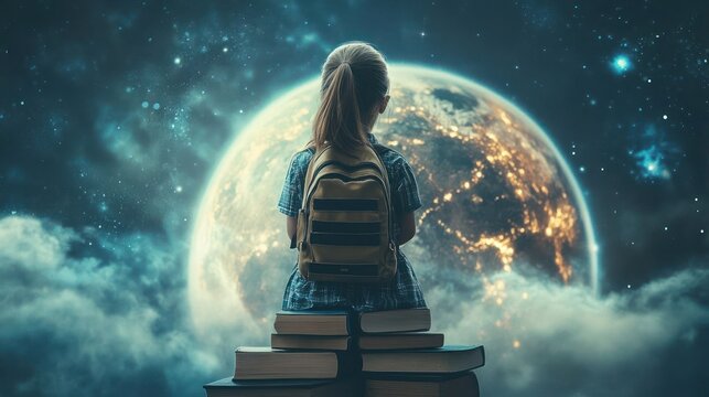 Child contemplating the cosmos from atop books of knowledge - Powered by Adobe