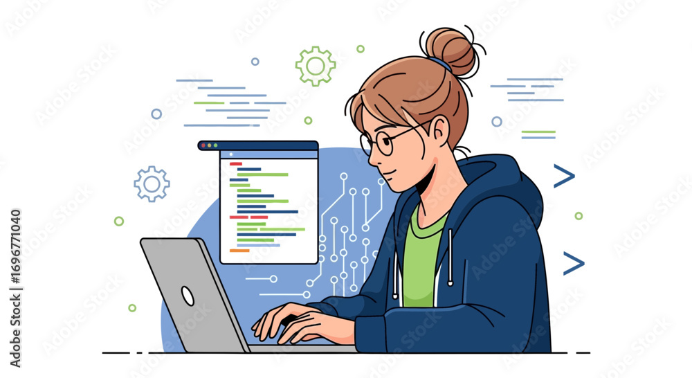 Wall mural female developer concentrates on coding, surrounded by digital project elements and circuits