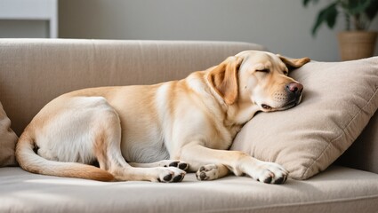 Relaxing Dog Peacefully Sleeps on a Couch With a Comfy Pillow During Daytime