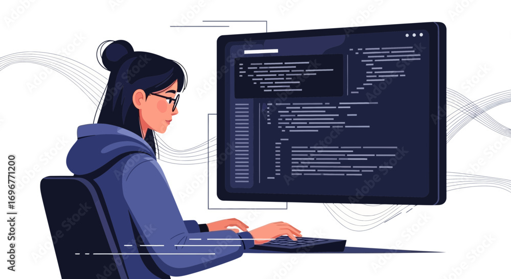 Wall mural female programmer focused deeply on lines of code and computer programming process
