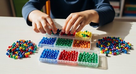 Child Sorting Colorful Beads into Compartments on White Table.