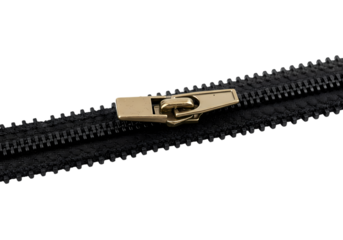 Closeup of Black Zipper with Gold Slider Fashion Accessory Detail isolated on transparent background