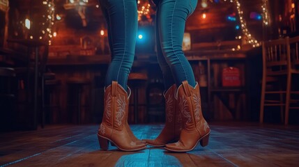 Cowboy boots and jeans on rustic dance floor