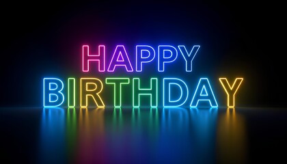 Obraz premium HAPPY BIRTHDAY text with glowing colorful futuristic neon on dark background