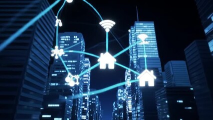 “Visualization of smart city IoT network, glowing digital connections between buildings, icons for WiFi, smart homes, healthcare, security, seamless futuristic animation, cinematic look.” - Powered by Adobe