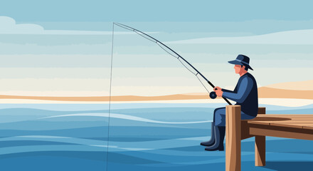 Naklejka premium Fishing From The Pier, Peaceful Scene Illustartion With Angler And Serene Marine Vista