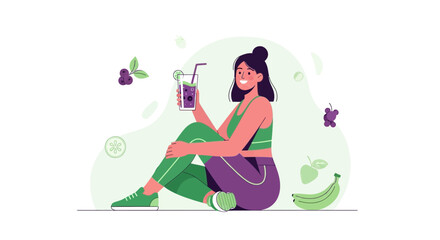 Obraz premium Fit Female Enjoying Refreshing Juice With Fruits Demonstrating Wellness And Healthy Lifestyle