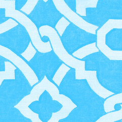 Intricate teal and dark blue geometric pattern with repeating interlocking shapes and ornate arabesque design elements for sophisticated decor transparent background