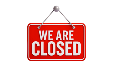 Red we are closed sign hanging from a hook on a transparent background isolated on transparent background
