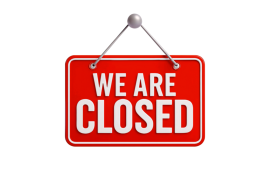 Red we are closed sign hanging from a hook on a transparent background isolated on transparent background