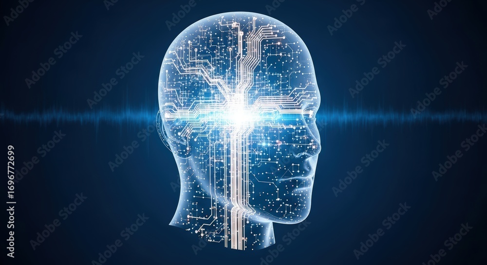 Poster digital brain circuitry illuminating future technology and artificial intelligence innovation