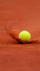 Tennis ball kicking up red clay on a tennis court during a match