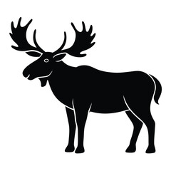 Black silhouette of a standing bull moose with wide antlers and open mouth deer animal