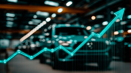 Market Growth: A graph of the arrow in the foreground overlays a line of vehicles that imply increasing market demand for the vehicles. This is an example of an economical and business vision.