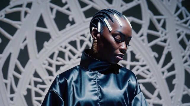 Fashion portrait with futuristic hairstyle and earrings, Stylish woman in shiny black outfit with braided hair and bold hair accessories stands against abstract white geometric background