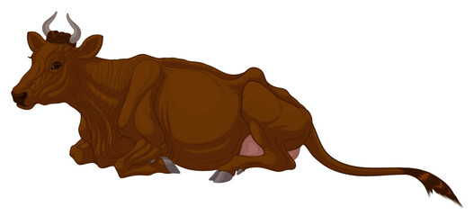 Colored vector illustration of a lying cow. An image of a brown cattle. Design element for farm, milk packaging or meat products. 