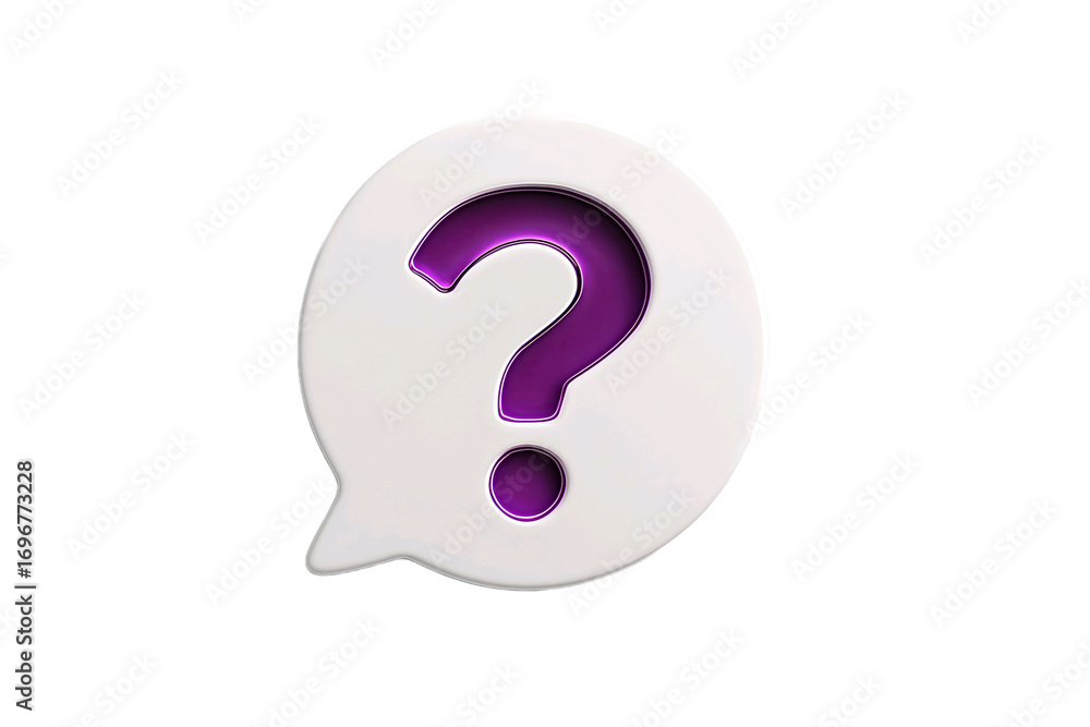Poster a white speech bubble with a purple question mark inside isolated on transparent background