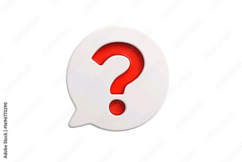 Poster a bright red question mark inside a white speech bubble icon isolated on transparent background
