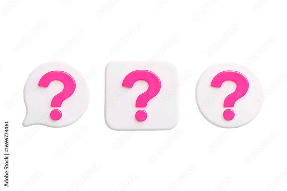 Poster three white speech bubble shapes with pink question marks inside isolated on transparent background
