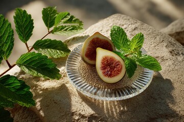 Delightful fresh figs arranged elegantly on a crystal plate surrounded by lush greenery under soft sunlight in a serene outdoor setting