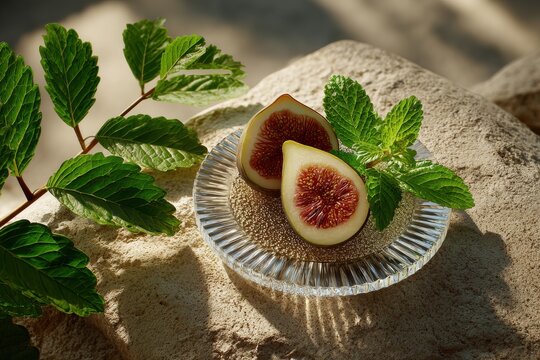 Delightful fresh figs arranged elegantly on a crystal plate surrounded by lush greenery under soft sunlight in a serene outdoor setting