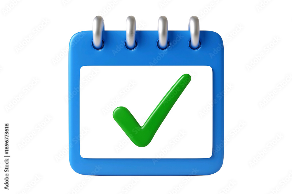 Poster blue calendar icon with a green checkmark indicating a completed task or event isolated on transpare