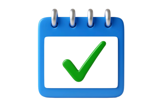 Blue calendar icon with a green checkmark indicating a completed task or event isolated on transparent background