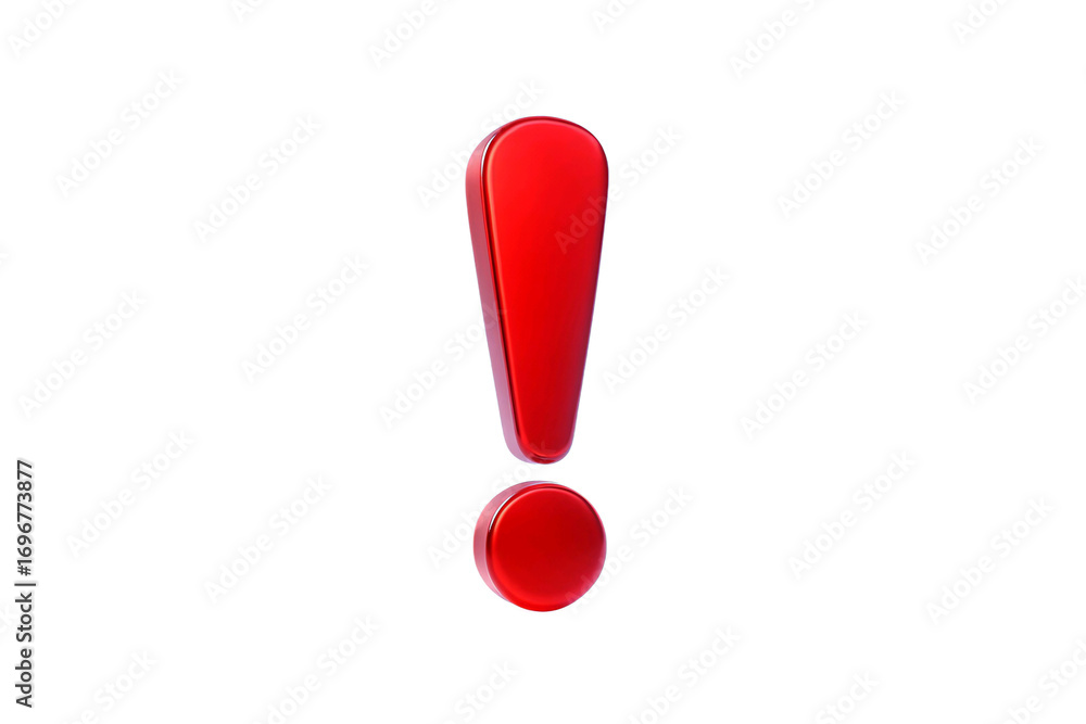 Poster a bright red glossy exclamation mark symbol isolated on a transparent background for emphasis and wa