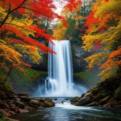Fototapeta premium Majestic waterfall cascades through vibrant autumn foliage in a serene forest landscape
