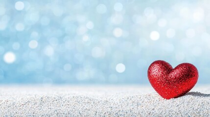 Fototapeta premium Red glitter heart on sand with blue bokeh background
