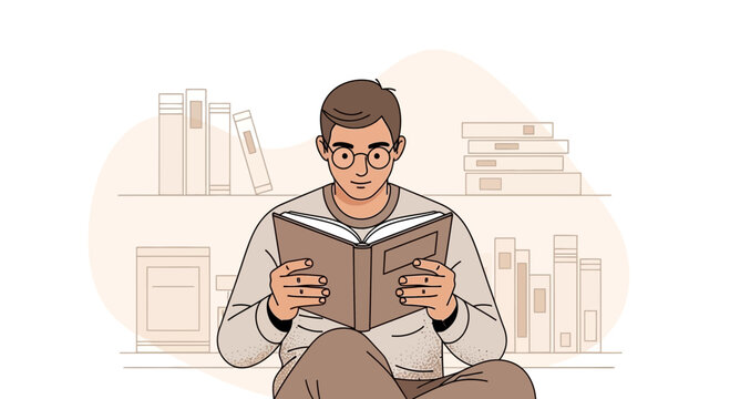 Introspective Reader Immersed In A Book Surrounded By Organized Rows Of Literature