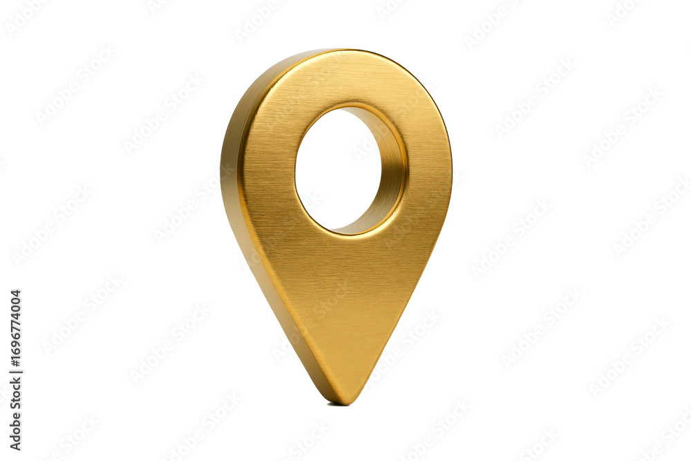 Poster golden 3d location pin icon with a hole in the center isolated on transparent background