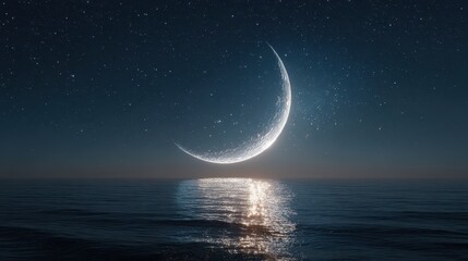 Crescent Moon Reflecting on Calm Water Under a Starry Night Sky.