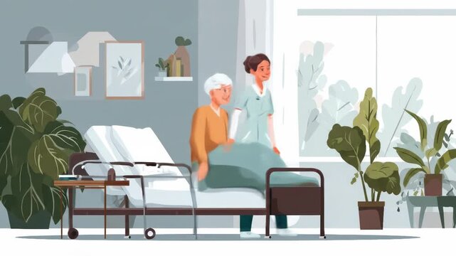 A kind nurse assists an elderly patient in a hospital room