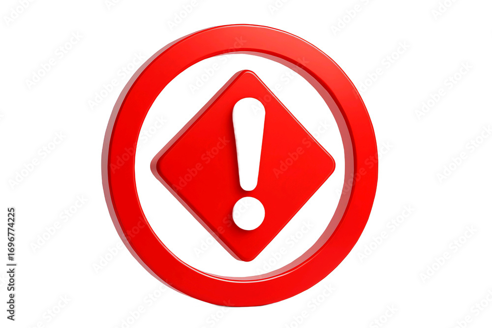 Poster red exclamation mark warning symbol inside a diamond and oval frame isolated on transparent backgrou