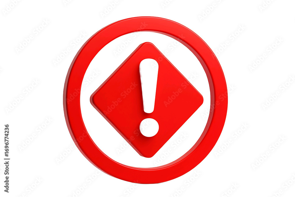 Poster red exclamation mark warning symbol inside an oval ring isolated on transparent background