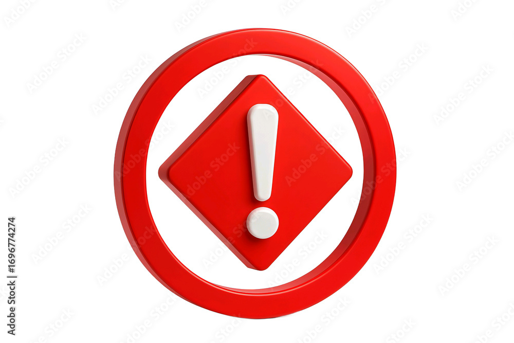 Poster red warning sign with an exclamation mark inside a circular frame isolated on transparent background