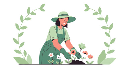 Gardener Planting Flowers In Garden With Natural Floral Greenery Around Woman Illustration
