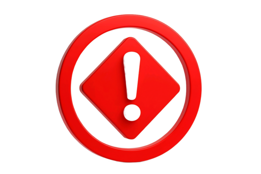 Red exclamation mark warning symbol inside an oval ring isolated on transparent background