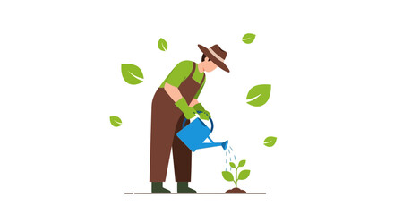 Gardener Watering Seedling With Green Leaves, Planting Concept Illustration Style