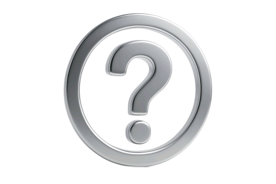 Silver metallic question mark symbol inside an oval frame isolated on transparent background - Powered by Adobe