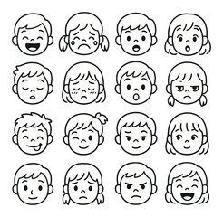 Set of cartoon child faces showing various emotions on neutral background