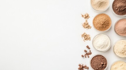 Food powders in glass bowls on white background