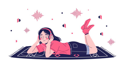 Girl Listening To Music With Headphones While Relaxing On A Cozy Carpet And Smiling