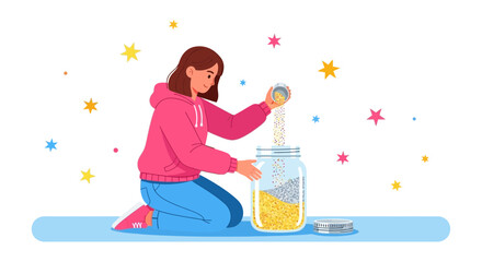 Girl Pouring Shiny Elements Into Jar, Illustrating Concept Of Creativity And Growth