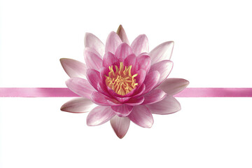 Fototapeta premium Pink water lily adorned with horizontal ribbon, gracefully positioned against pristine white background, presenting minimalist floral elegance