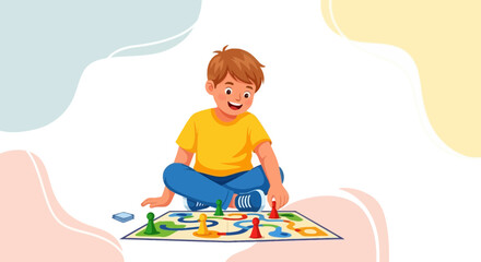 Joyful Child Playing Board Game, Creative Illustration Depicting Entertainment, Fun Activities
