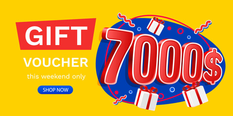 Naklejka premium Gift voucher 7000 dollar, Check and gift box. Sale banner and poster. Vector illustration